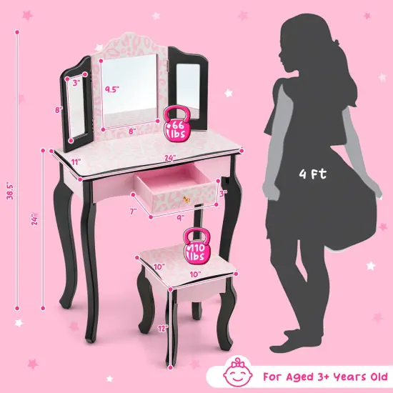 Kid Vanity Set with Tri-Folding Mirror and Leopard Print-Pink {4}