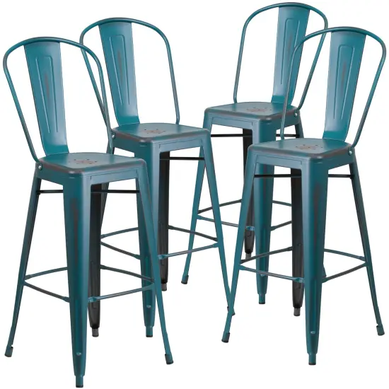Emma and Oliver Commercial Grade 4 Pack 30" High Distressed Metal Indoor-Outdoor Barstool with Back Yellow {6}