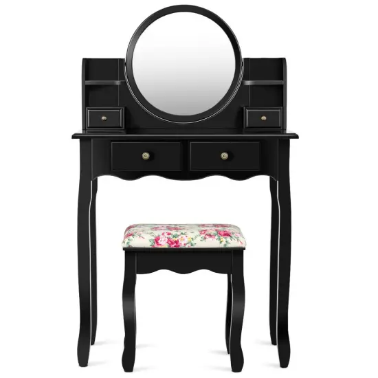 Makeup Vanity Table Set Girls Dressing Table with Drawers Oval Mirror White {7}