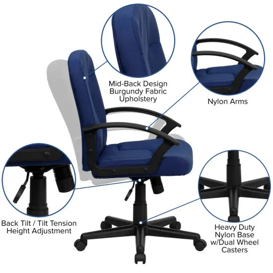 Emma and Oliver Mid-Back Fabric Executive Swivel Office Chair with Nylon Arms Navy {2}