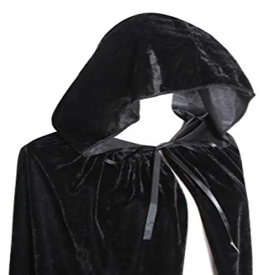 Long Hooded Cloak Velvet Cape Witch Costume Halloween Costumes for Women Men (Black, Large) {5}