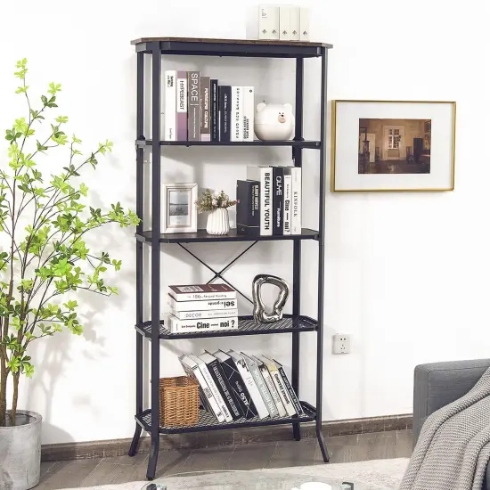 Industrial 5-Layer Bookshelf with Out-Stretched Legs-Rustic Brown {2}