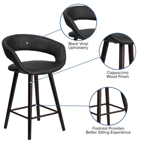 Emma and Oliver 2 Pk. 24'' High Contemporary Vinyl Counter Height Stool with Cappuccino Wood Frame Black {2}