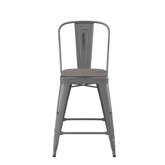 Emma and Oliver Grant Clear Coated Metal Stool with Backrest and Polyresin Seat for Indoor Use Only Clear Coated/Gray {3}