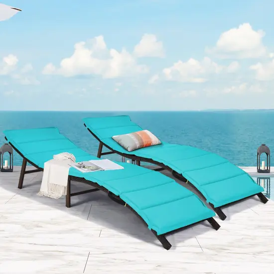 Costway 2PCS Patio Rattan Folding Lounge Chair Chaise Double Sided Cushion Turquoise {1}
