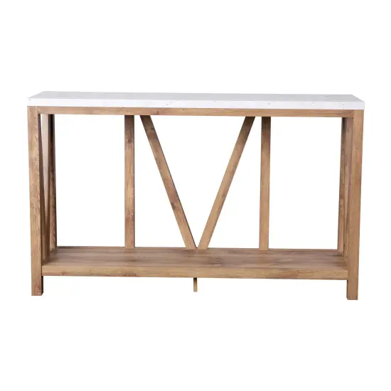 Merrick Lane Erikson Modern Farmhouse Engineered Wood Sofa Table with Wood Bracing and Lower Shelf Warm Oak/Marble {3}
