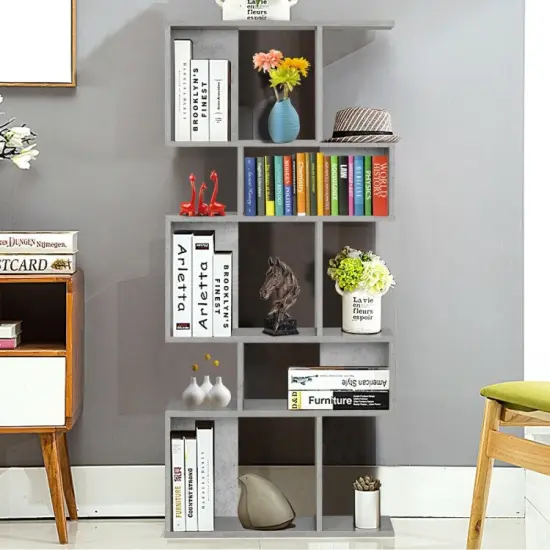 5 Cubes Ladder Shelf Corner Bookshelf Display Rack Bookcase Grey {6}