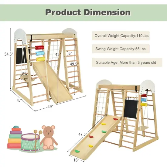 8-in-1 Multi-Functional Kids Wooden Climber Gym Playset Suitable for Indoor or Outdoor Space Natural {5}