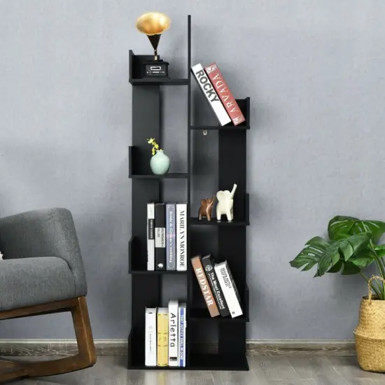 8-Tier Bookshelf Bookcase with 8 Open Compartments Space-Saving Storage Rack Black {6}