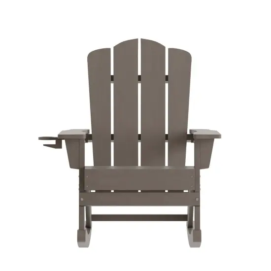 Emma and Oliver Tiverton Adirondack Rocking Chair with Cup Holder, Weather Resistant HDPE Adirondack Rocking Chair Brown {6}