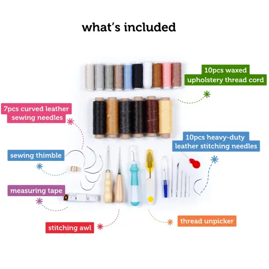 Incraftables Leather Sewing Kit. Heavy Duty Stitching Craft Working Tools Set. Upholstery Repair Kit w/ Waxed Thread Cord, Needles, Tape, Awl, Scissors, Unpicker & Thimble for Beginner Hand Sewing {3}
