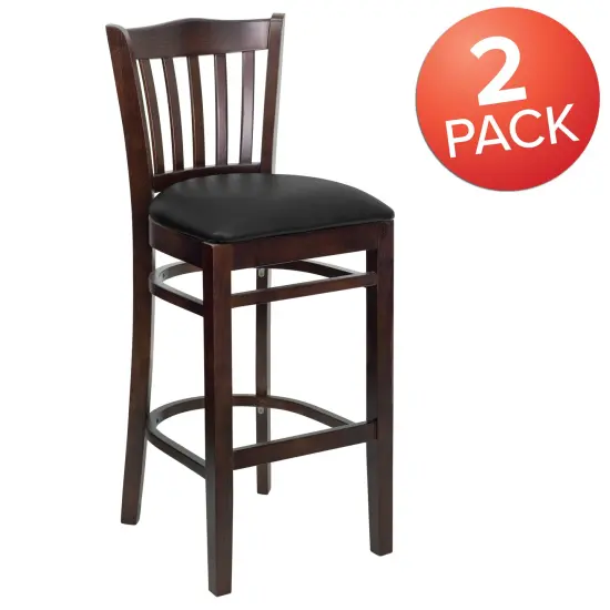 Emma and Oliver 2 Pack Vertical Slat Back Wooden Restaurant Barstool BlackVYL/NaturalWood {10}