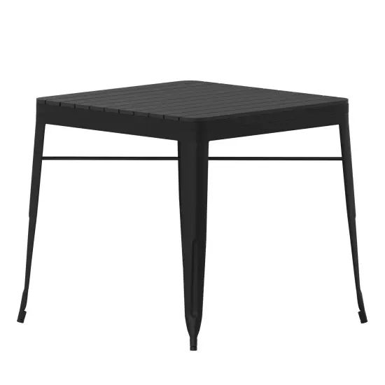 Merrick Lane Hara 31.5" Square Indoor/Outdoor Black Steel Patio Dining Table for 4 with Black Poly Resin Slatted Top Black/Black {1}