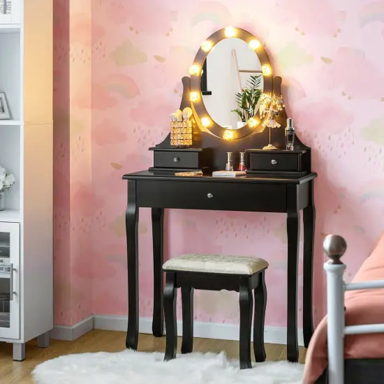 3 Drawers Lighted Mirror Vanity Dressing Table Stool Set {1}