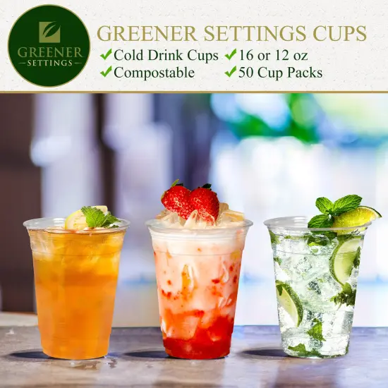 Greener Settings Clear Compostable Disposable Cups 16 Ounce [50 Cups] {3}