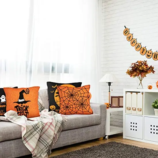 Whaline 4 Pieces Halloween Pillow Case, Orange and Black Pillow Cover, Happy Halloween Linen Sofa Bed Throw Cushion Cover Decoration (18" x 18") {2}