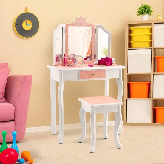 Princess Vanity Table and Chair Set with Tri-Folding Mirror and Snowflake Print-Pink {6}