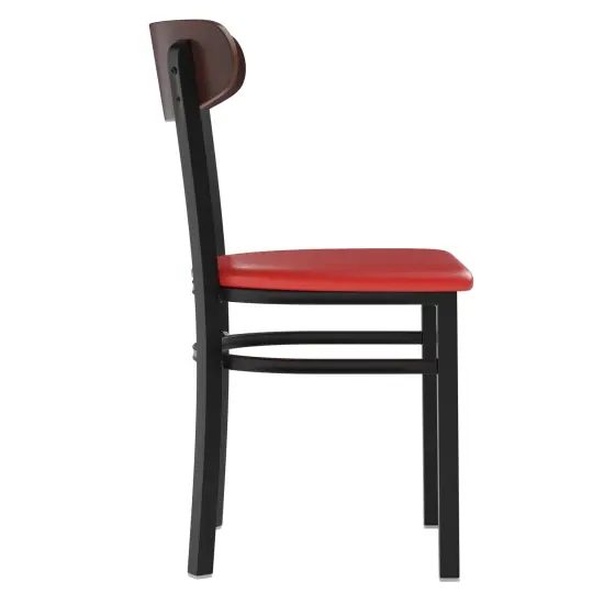 Emma and Oliver Yara Industrial Dining Chair with Rolled Steel Frame and Solid Wood Seat - 500 lbs. Static Weight Capacity WalnutBack/RedVinyl {5}