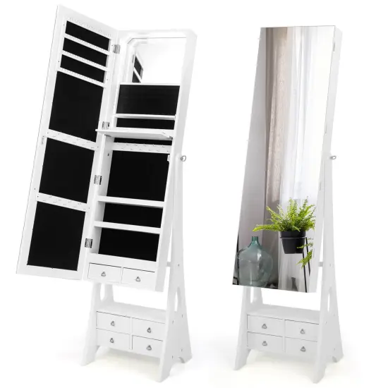 Freestanding Full Length LED Mirrored Jewelry Armoire with 6 Drawers-White {1}