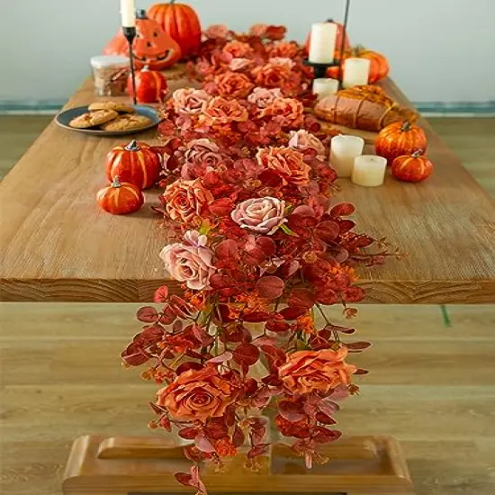 Anna's Whimsy 5.91FT Fall Garland Artificial Eucalyptus Garland with Flowers, Fall Decor Fake Rose Gypsophila Garland, Fall Flower Faux Floral Garland for Wedding Home Party Table Runner(Orange, 1) {2}