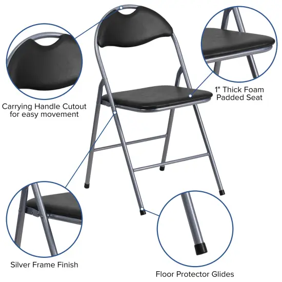 Emma and Oliver 2 Pack Vinyl Metal Folding Chair with Carrying Handle Black {2}
