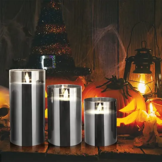 3 Pack Flameless Led Candles Flickering, Battery Operated Candles with Timer Remote, Glass Effect Candles Warm Color Moving Flame Light for Festival Wedding Home Halloween Decor, Black2 {2}