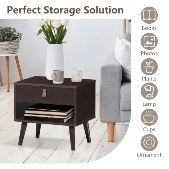 Nightstand Bedroom Table with Drawer Storage Shelf-Brown {6}