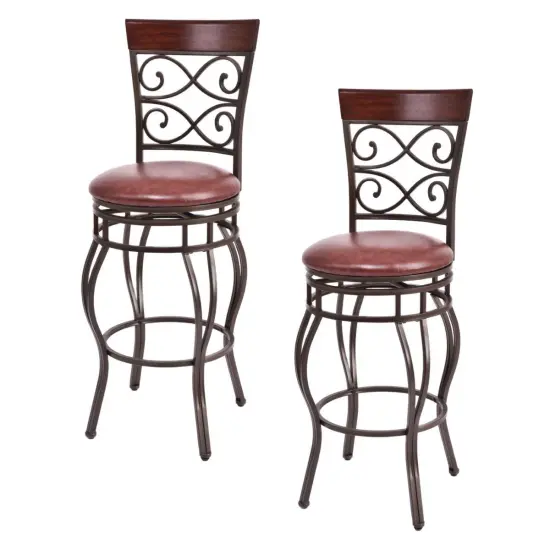 30 Inch Set of 2 Swivel Bar Stool with Curved Backrest and Footrest Brown {4}