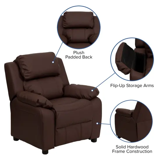 Emma and Oliver Deluxe Padded Contemporary Kids Recliner with Storage Arms Brown LeatherSoft {2}