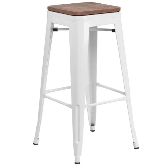 Merrick Lane Dalton Series Backless Metal Dining Stool with Wooden Seat for Indoor Use White {1}