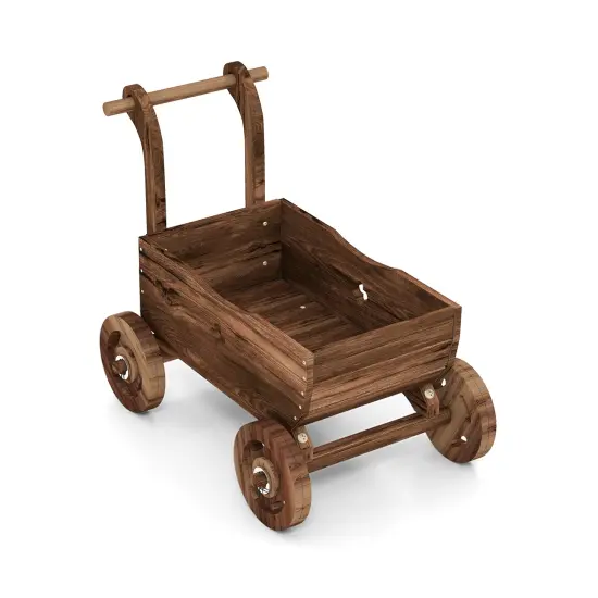 Decorative Wooden Wagon Cart with Handle Wheels and Drainage Hole-Rustic Brown {1}