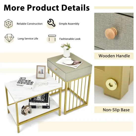 2 Pieces Modern Nesting Coffee Table Set with Drawer and Shelf-White {6}