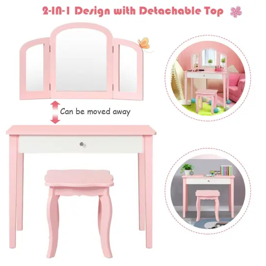 Kids Princess Make Up Dressing Table with Tri-folding Mirror and Chair Pink {3}