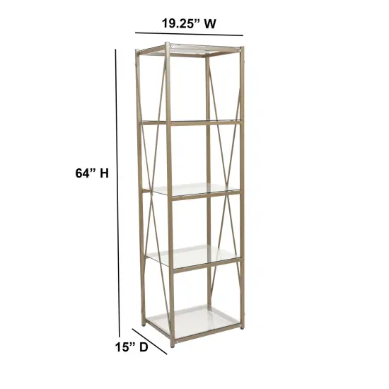 Merrick Lane Doniphan 64" Modern Bookshelf Glass 4-Shelf Bookcase with Powder Coated Cross Braced Frame Clear/Matte Gold {5}