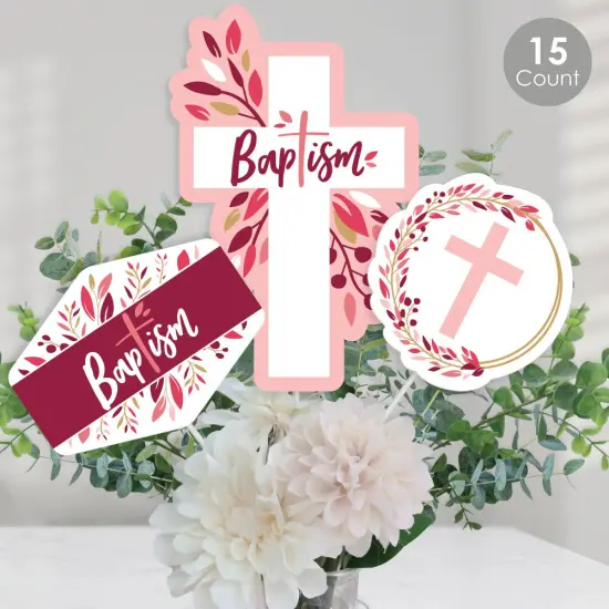 Big Dot of Happiness Baptism Pink Elegant Cross - Girl Religious Party Centerpiece Sticks - Table Toppers - Set of 15 {1}