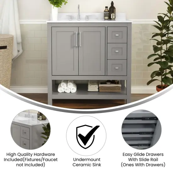 Merrick Lane Vigo Bathroom Vanity with Ceramic Sink, Carrara Marble Finish Countertop, Storage Cabinet with Soft Close Doors, Open Shelf and 3 Drawers {2}