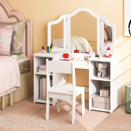 Kids Vanity Table and Chair Set with Removable Tri-Folding Mirror White {2}