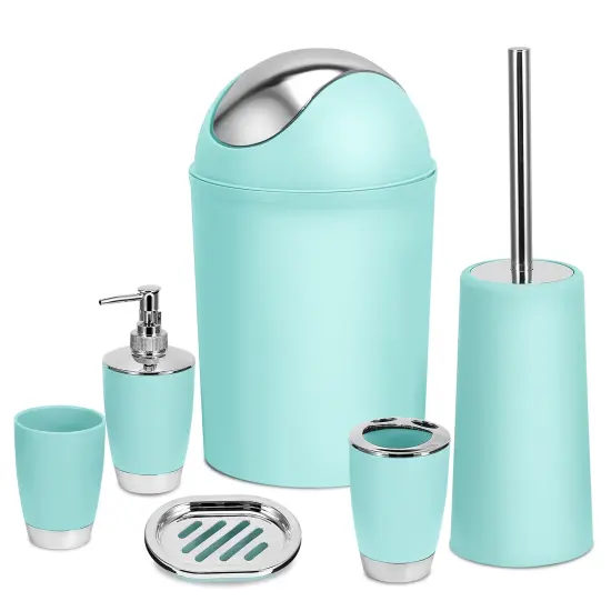 Eggracks 6 Pcs Bathroom Accessories Set including Soap Dispenser | Toothbrush Holder | Tumbler | Soap Dish | Toilet Cleaning Brush and Trash Can Aqua {1}