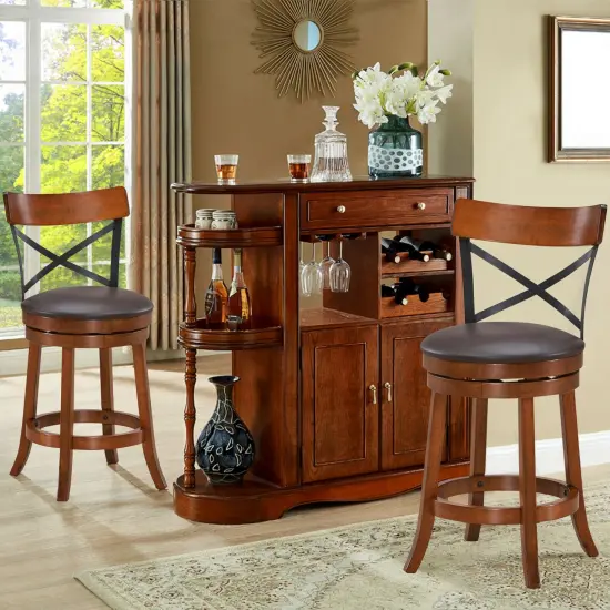 Set of 2 Bar Stools 360-Degree Swivel Dining Bar Chairs with Rubber Wood Legs {2}