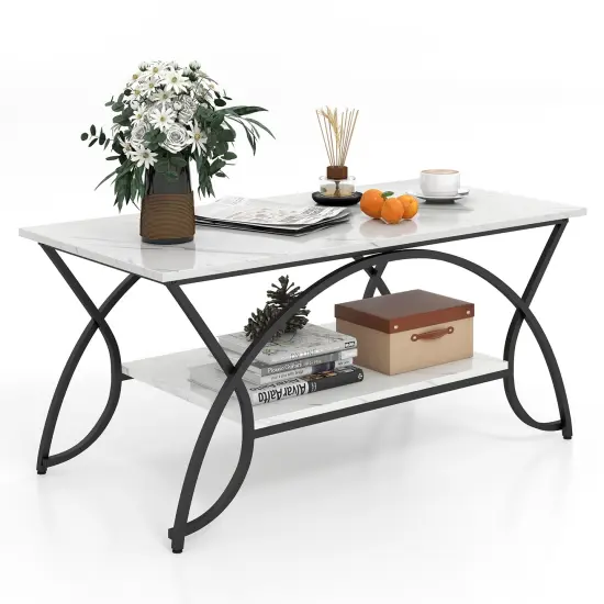 2-Tier Faux Marble Coffee Table with Marble Top and Metal Frame-Black & White Black & White {1}