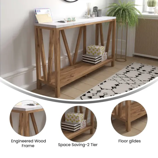 Merrick Lane Erikson Modern Farmhouse Engineered Wood Sofa Table with Wood Bracing and Lower Shelf Warm Oak/Marble {2}