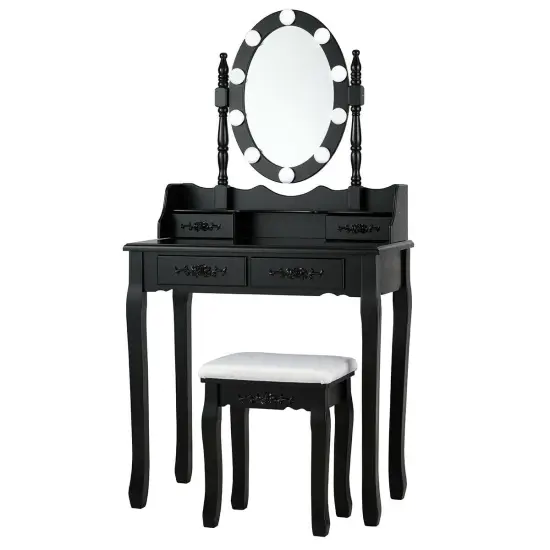 Makeup Dressing Table with Touch Switch Lighted Mirror and Cushioned Stool Black {6}