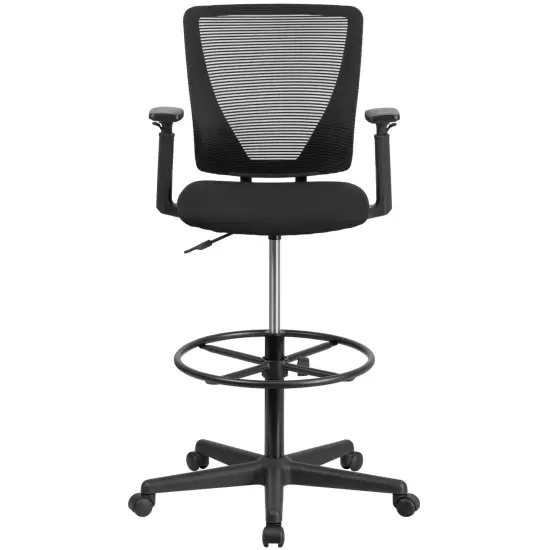 Emma and Oliver Ergonomic Mid-Back Mesh Drafting Chair with Fabric Seat, Adjustable Foot Ring and Arms Black {3}