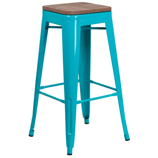 Merrick Lane Dalton Series Backless Metal Dining Stool with Wooden Seat for Indoor Use Crystal Teal-Blue {1}
