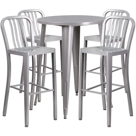 Emma and Oliver Commercial 30" Round Metal Indoor-Outdoor Bar Table Set & 4 Slat Back Stools Silver {1}