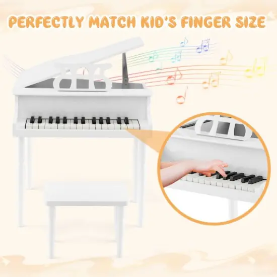 30-Key Wood Toy Kids Grand Piano with Bench and Music Rack White {3}