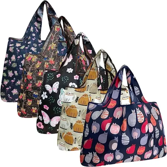 Wrapables Large Foldable Tote Nylon Reusable Grocery Bags, 5 Pack Cats, Owls, Animals {1}