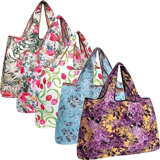 Wrapables Large Foldable Tote Nylon Reusable Grocery Bags, 5 Pack Pink Purple Bouquet {1}