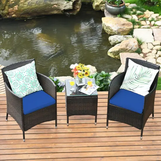 3 Pieces Patio Wicker Rattan Furniture Set with Steel Frame and Polyester Cushions Navy {6}