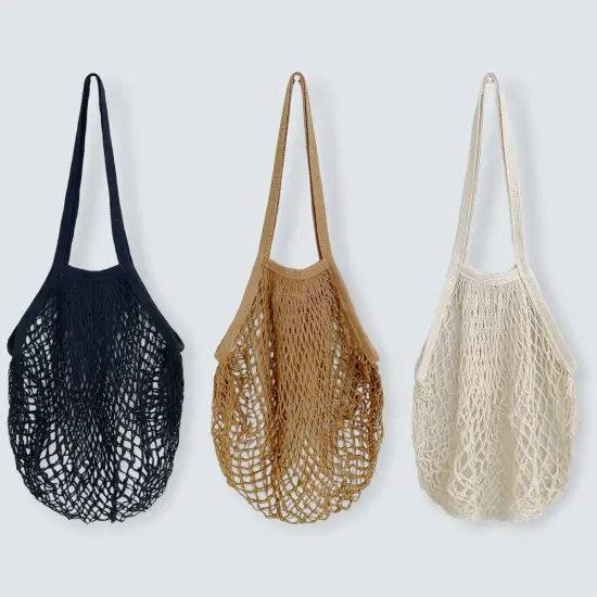 Wrapables Cotton Mesh Net Shopping Bag, Grocery Bag for Vegetables, Produce (Set of 3) Black, Brown, Beige {1}